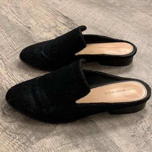 Black faux calf hair mules